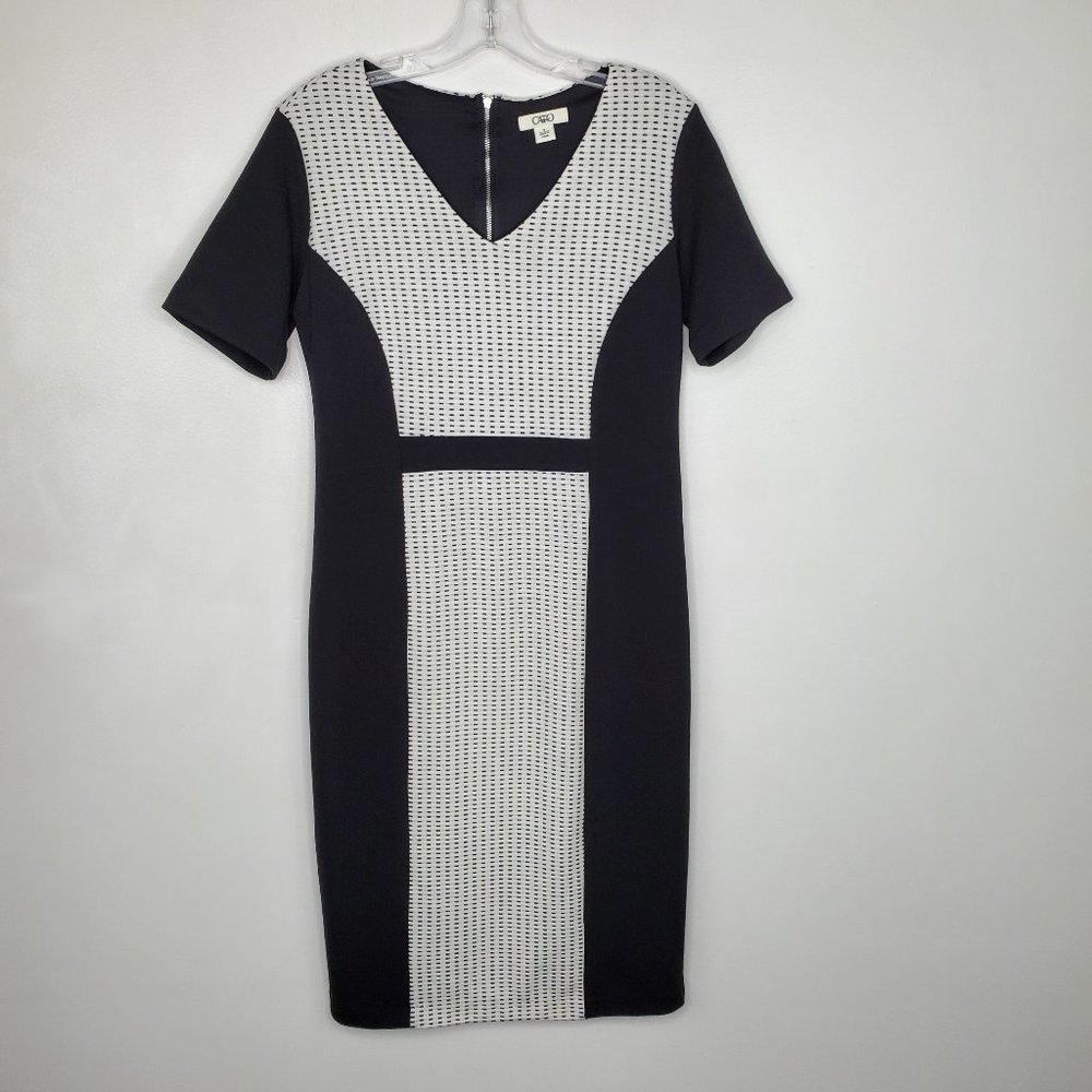 CATO Black White Short Sleeve Midi Sheath Career Dress Size 8